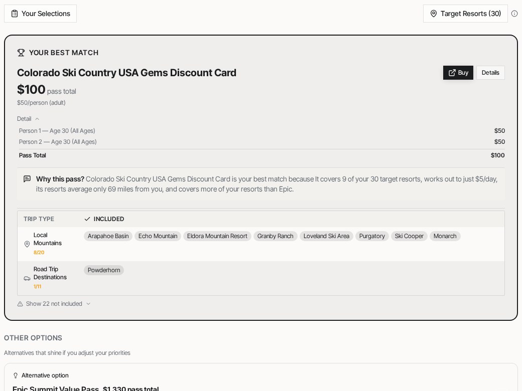 SkiAtlas Pass Finder results showing a best-match pass and other options